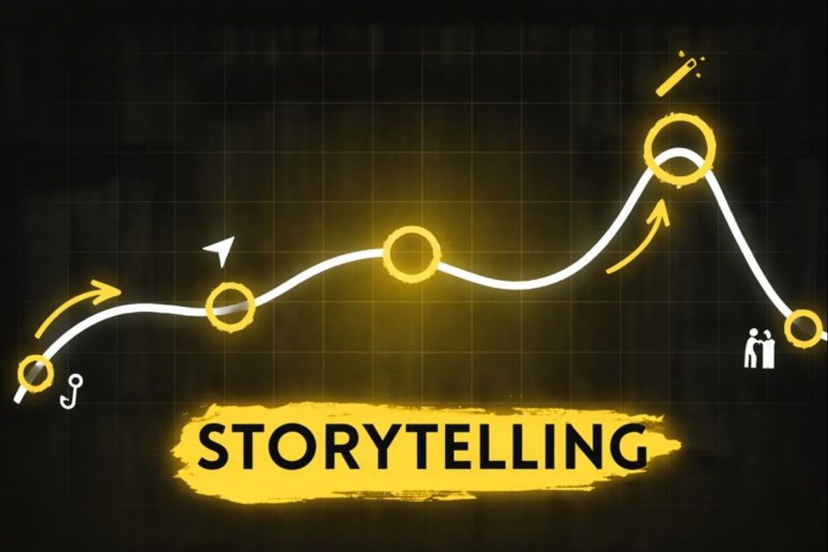 Ilustracija rasta i razvoja brenda kroz storytelling prikazan linijskim grafikom